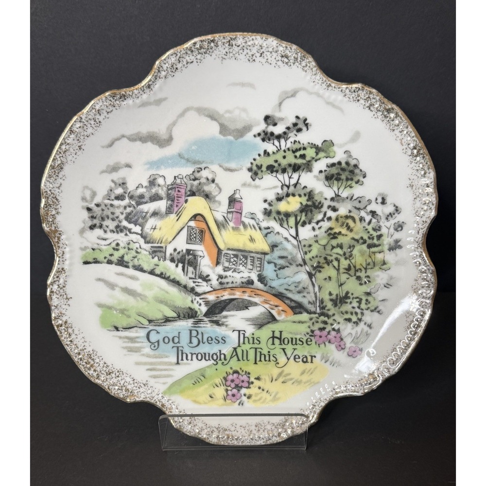 Vintage Victoria Ceramics Japan Wall Plate God Bless This House Cottage W/ Tag